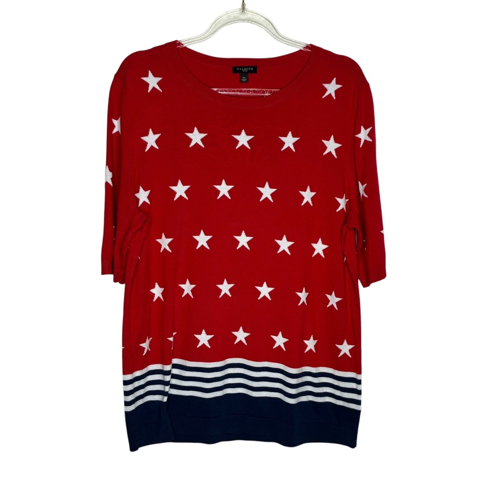 Talbots Womens Large Petite Sweater Red Stars Stripes Americana Short Sleeve
